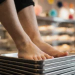 Bakery worker relaxing feet on stacked steel pans with fresh baked treats visible in the warm background