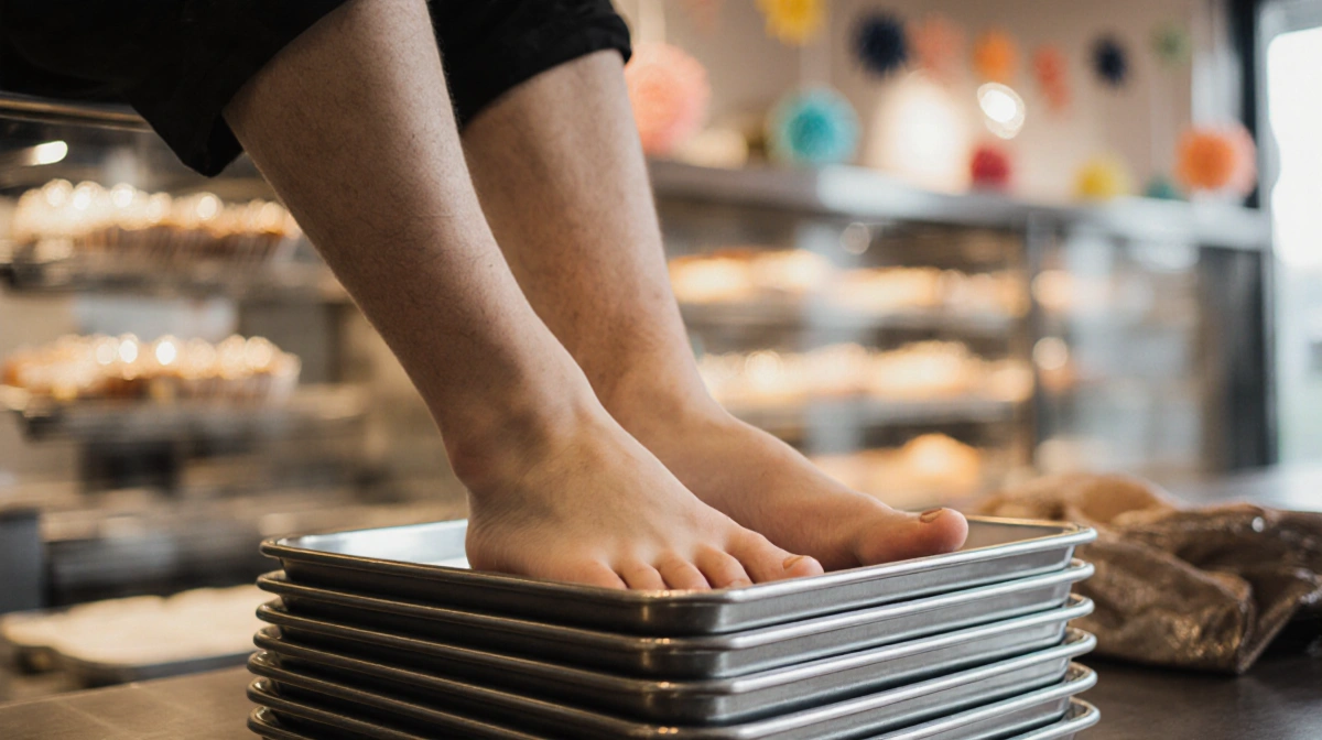 Bakery worker relaxing feet on stacked steel pans with fresh baked treats visible in the warm background