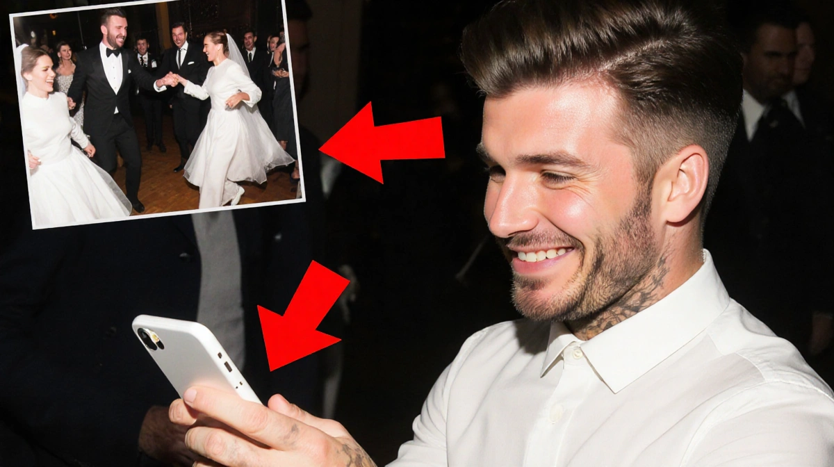 Cruz Beckham laughs at phone screen with blurred Victoria Beckham dance photo and red arrows behind him