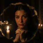 Woman crying with tears on face and broken wedding ring on floor near shattered necklace