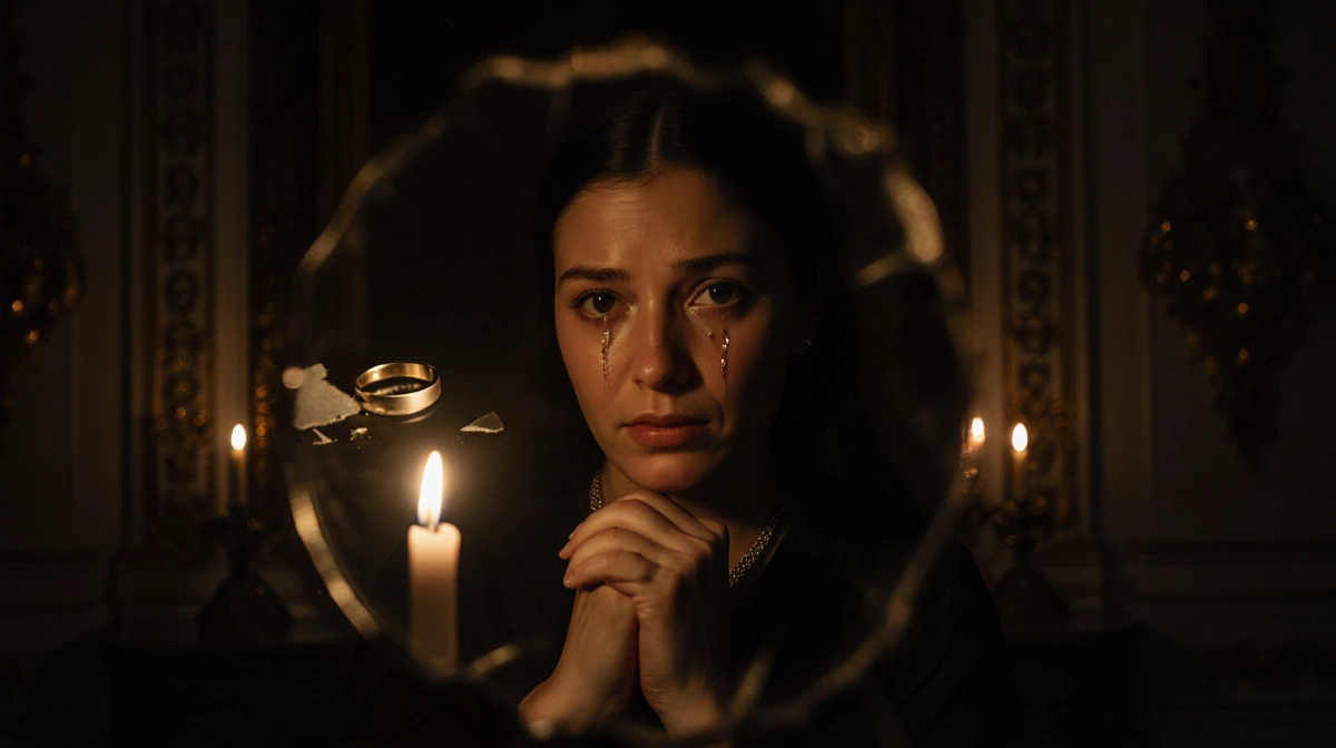 Woman crying with tears on face and broken wedding ring on floor near shattered necklace