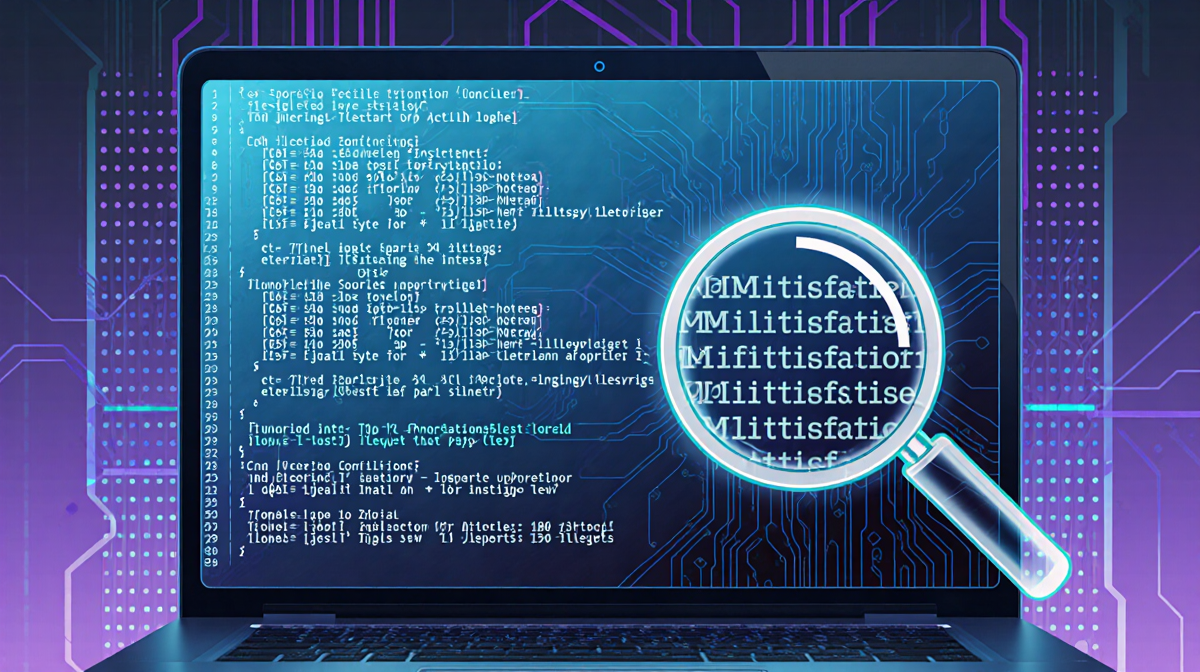 Futuristic computer screen streaming Chinese code and financial data with a magnifying glass highlighting a seven-fold increa