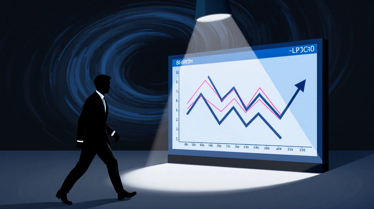 A large screen shows falling crypto chart lines with a silhouette walking away under a spotlight in dark swirling blues
