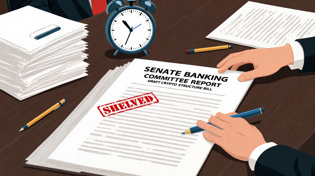 Senate Banking Committee report stamped shelved with draft crypto market structure bill and clock showing deadline
