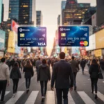 Diverse crowd walks toward camera with glowing crypto and credit cards floating on phone screens and neon-lit skyscrapers beh
