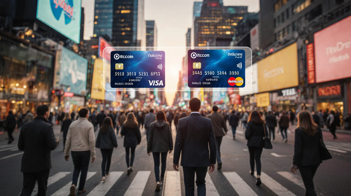 Diverse crowd walks toward camera with glowing crypto and credit cards floating on phone screens and neon-lit skyscrapers beh