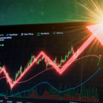 Cryptocurrency price chart exploding with bold red line and bright golden glow on green‑blue gradient background