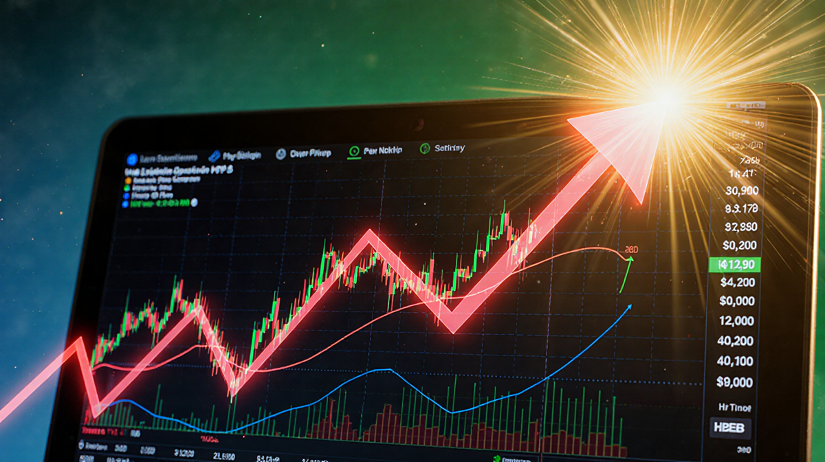 Cryptocurrency price chart exploding with bold red line and bright golden glow on green‑blue gradient background