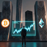 Business suit stands before glowing market cryptocurrency screen with Bitcoin and Ethereum logos on sleek skyscrapers
