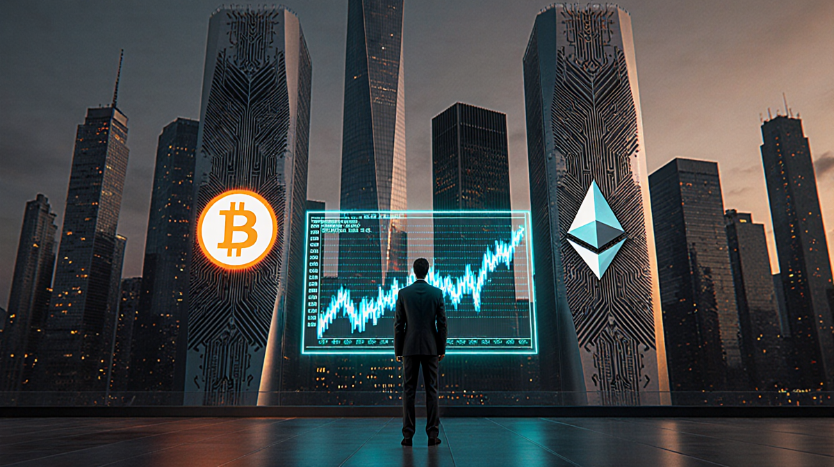 Business suit stands before glowing market cryptocurrency screen with Bitcoin and Ethereum logos on sleek skyscrapers