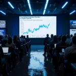 Disappointed investors watch crypto market crash with plummeting graph on screen and phones showing news