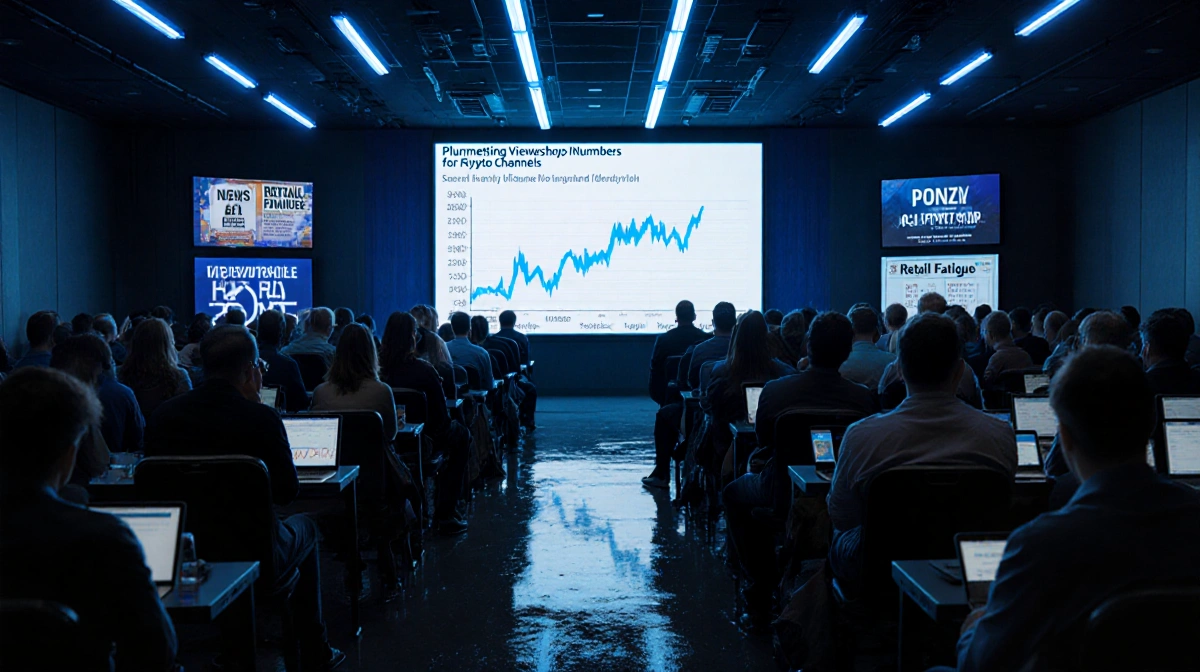 Disappointed investors watch crypto market crash with plummeting graph on screen and phones showing news