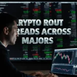 Financial journalist studies crypto market crash on laptop with CRYPTO ROUT headline on newsroom screen