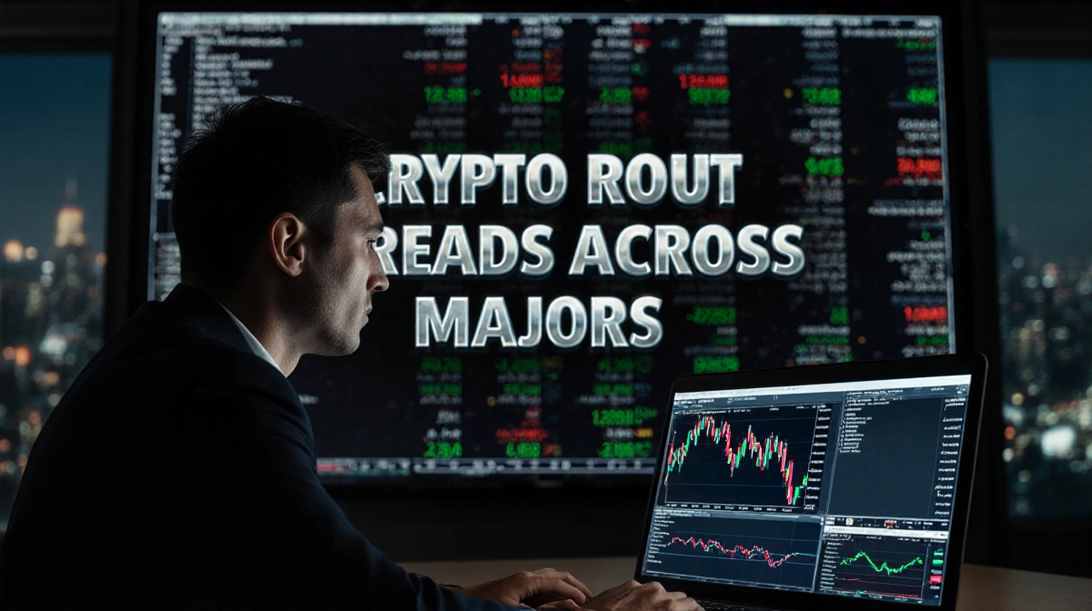 Financial journalist studies crypto market crash on laptop with CRYPTO ROUT headline on newsroom screen