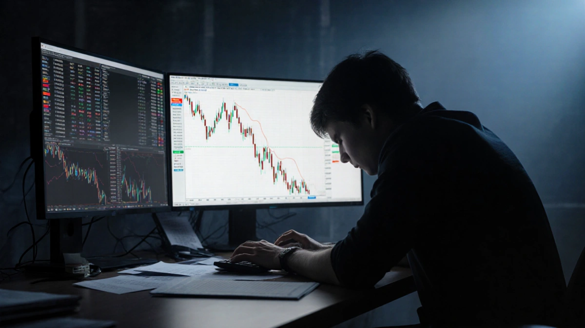 Trader hunches over computer screen showing falling cryptocurrency chart with papers scattered on desk