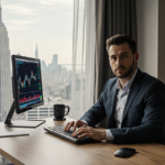 Entrepreneur sits at desk looking determined with screen showing cryptocurrency chart and blockchain architecture in window