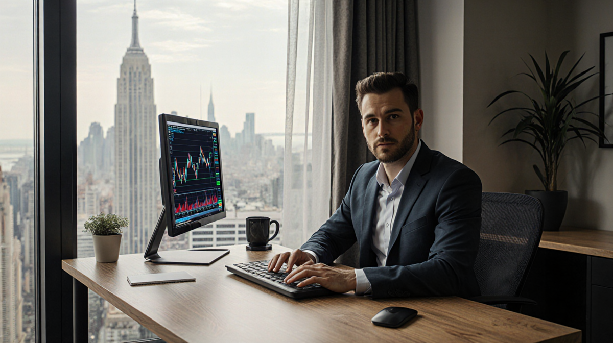 Entrepreneur sits at desk looking determined with screen showing cryptocurrency chart and blockchain architecture in window