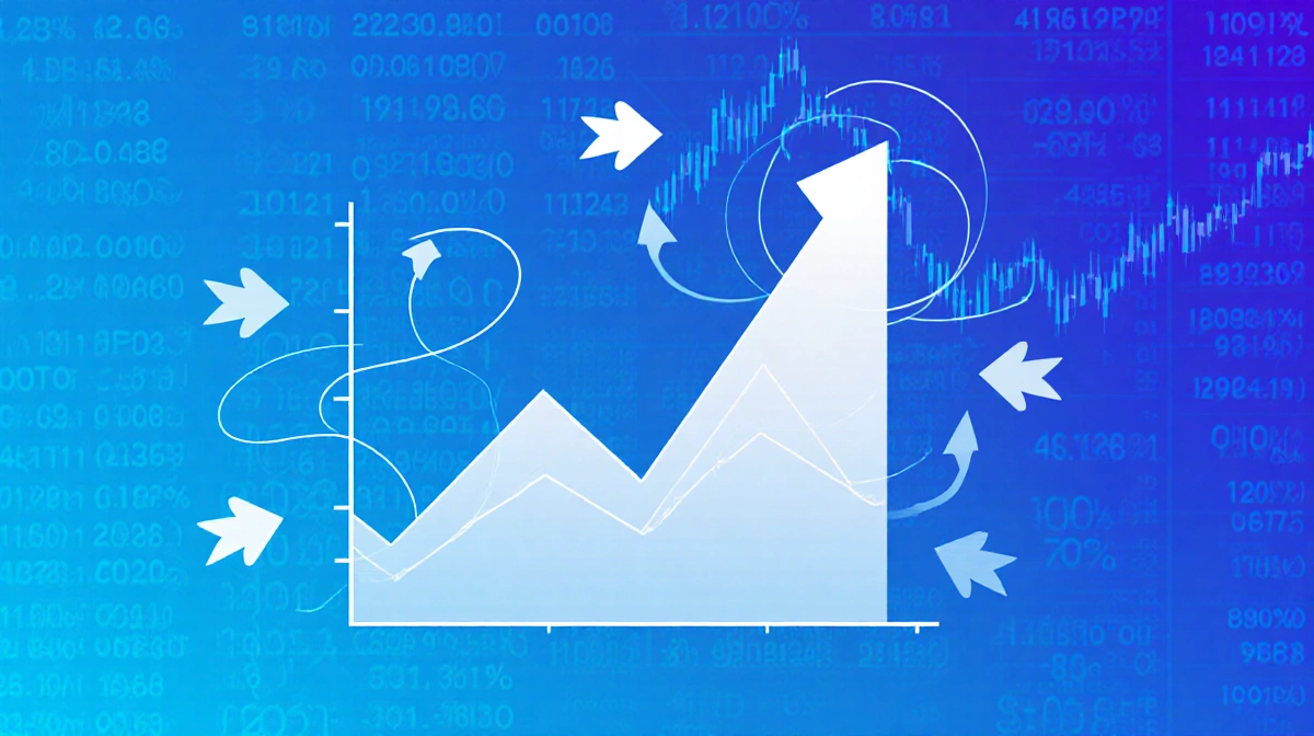 Cryptocurrency dashboard showing rising price graph with upward arrows and gradient background