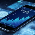 Smartphone shows crypto blockchain fee tracker with $147K spike and trading screens in background