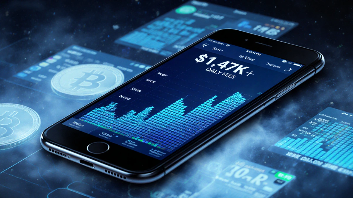 Smartphone shows crypto blockchain fee tracker with $147K spike and trading screens in background