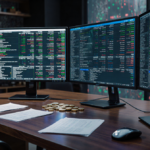 Sleek table holds glowing monitors with financial data and scattered crypto notes and subtle coins in the background