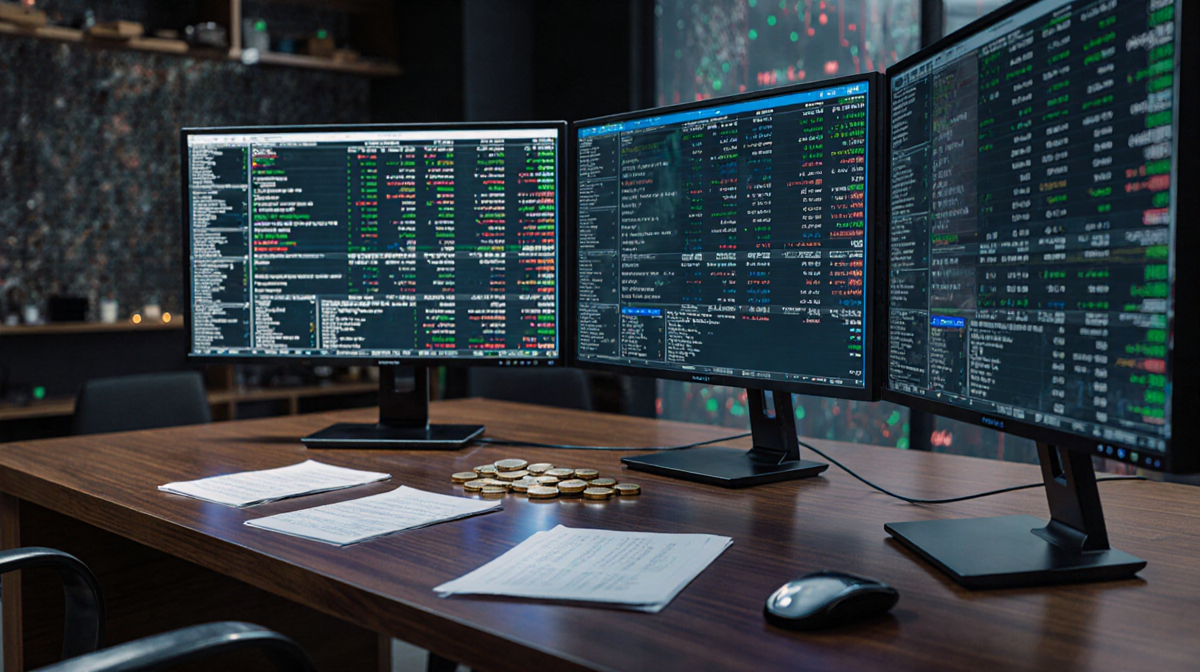 Sleek table holds glowing monitors with financial data and scattered crypto notes and subtle coins in the background