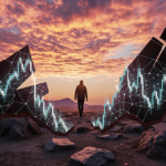 Figure walking away from shattered cryptocurrency graph over fractured barren landscape at dusk with orange pink sky