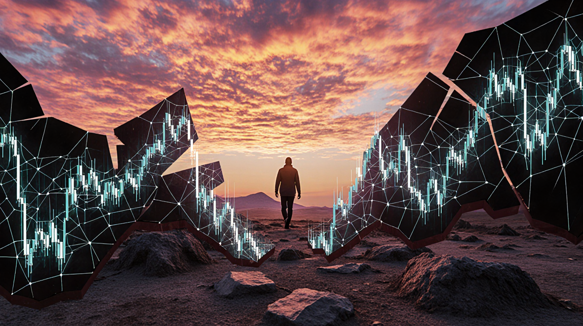 Figure walking away from shattered cryptocurrency graph over fractured barren landscape at dusk with orange pink sky