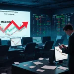 Businessman checking phone with crypto price crash and $454 million loss showing on giant screen