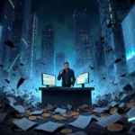 Trader stands in shock at cluttered desk with flickering screens and scattered papers showing crypto market chaos