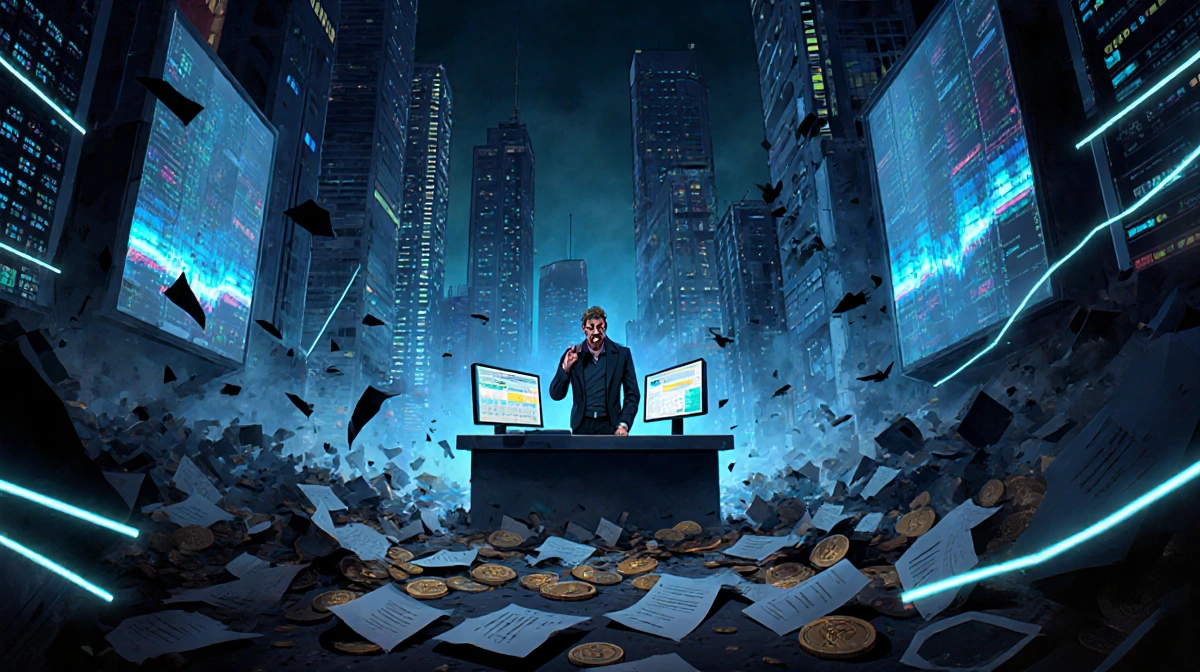 Trader stands in shock at cluttered desk with flickering screens and scattered papers showing crypto market chaos