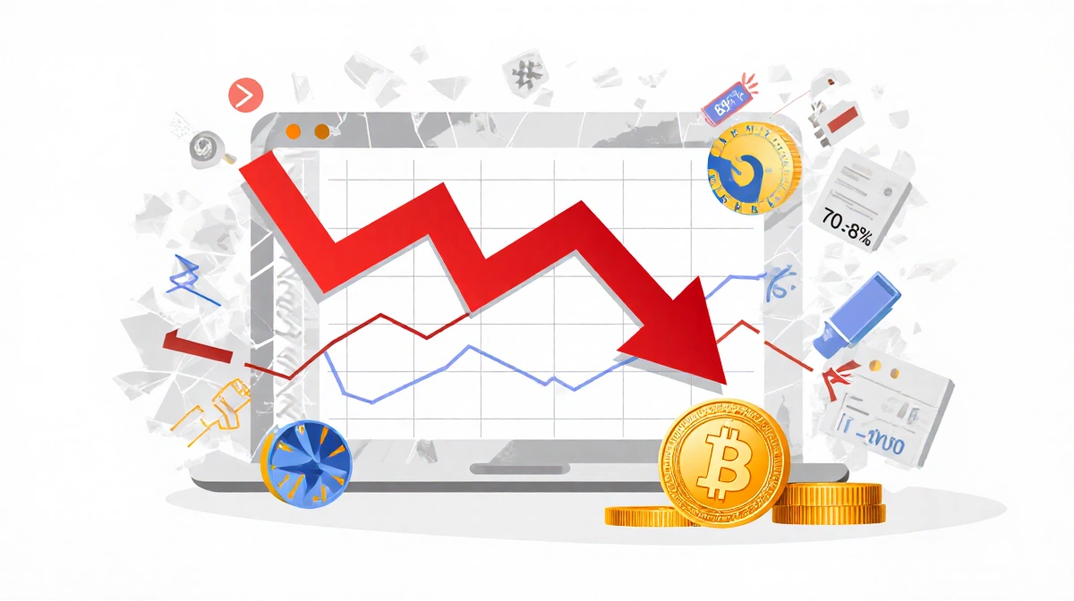 Graph shows a downward trendline with a red 15% arrow for Bitcoin's drop and steeper altcoin declines with shattered screens.