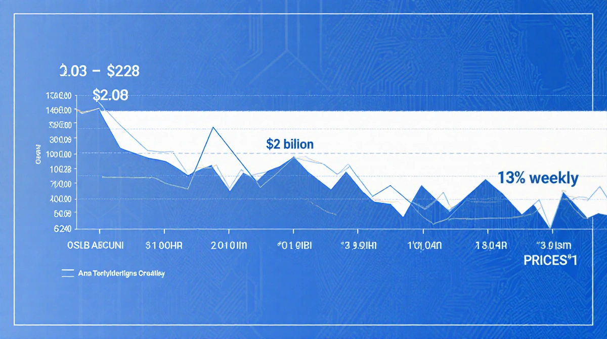 Financial chart showing narrow price band with volume rising to 3 billion and weekly loss trendline