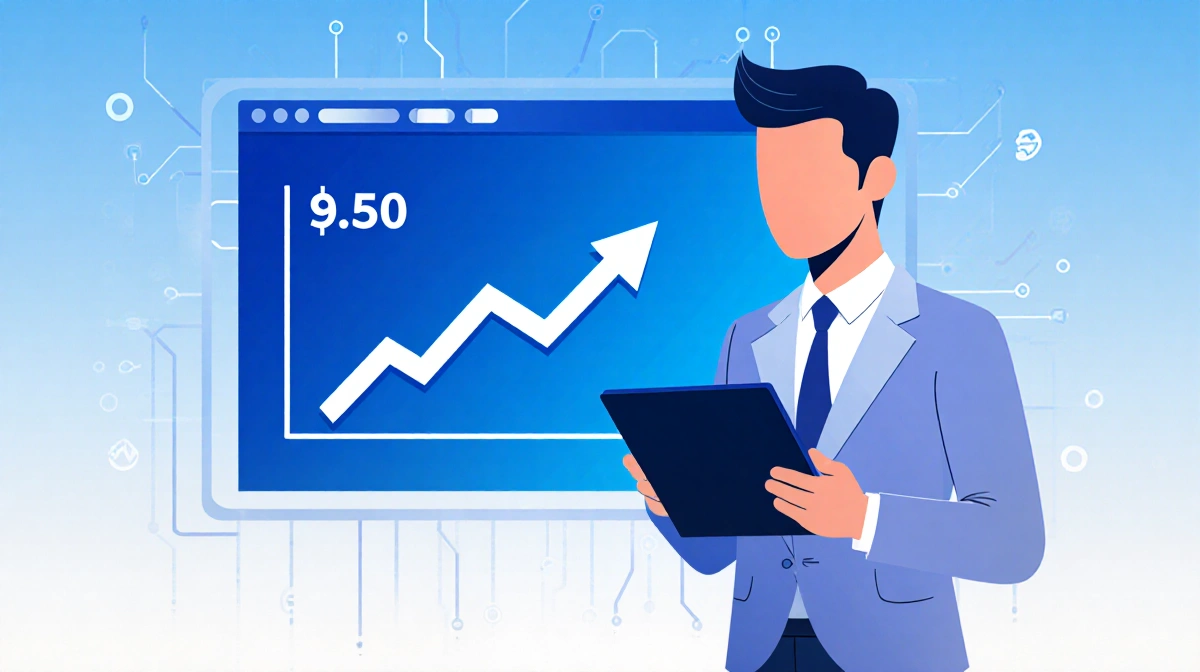 Crypto Professor stands before large screen with ICP price chart showing upward trend toward $9.50 while holding tablet