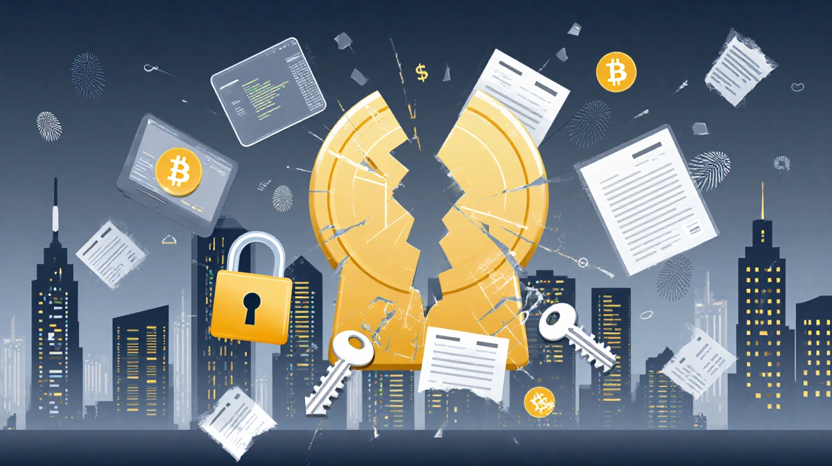 Massive broken key fragment looms over city skyline with shattered locks and glitchy digital effects showing cryptocurrency s