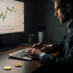 Cryptocurrency trader contemplating trade with glowing Bitcoin chart and a coin on desk while a pen hovers above it.