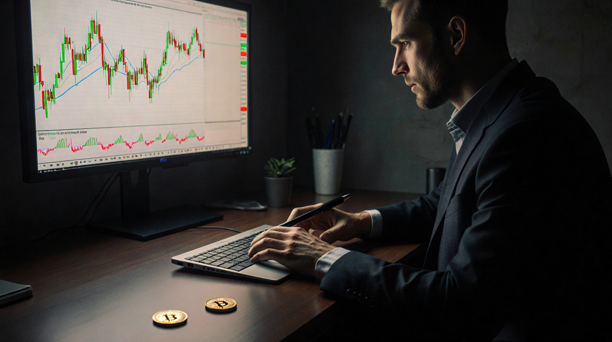 Cryptocurrency trader contemplating trade with glowing Bitcoin chart and a coin on desk while a pen hovers above it.
