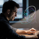 Trader clenches fists at wooden desk with spotlight and cryptocurrency graph and fractal edges