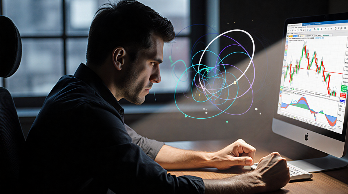 Trader clenches fists at wooden desk with spotlight and cryptocurrency graph and fractal edges