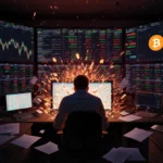 Trader hunches over computer with crypto charts exploding on screens and Bitcoin hitting 98k in background
