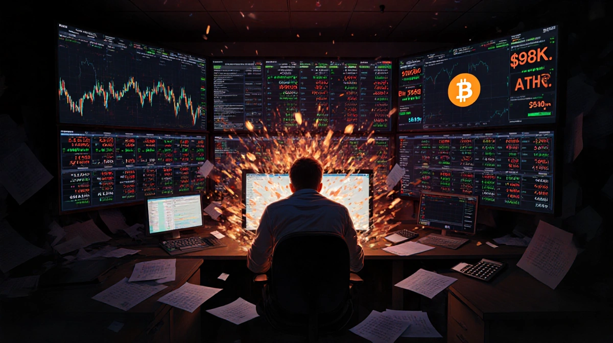 Trader hunches over computer with crypto charts exploding on screens and Bitcoin hitting 98k in background