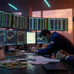 Trader hunches over desk with glowing crypto charts on screens and scattered coins under neon lights