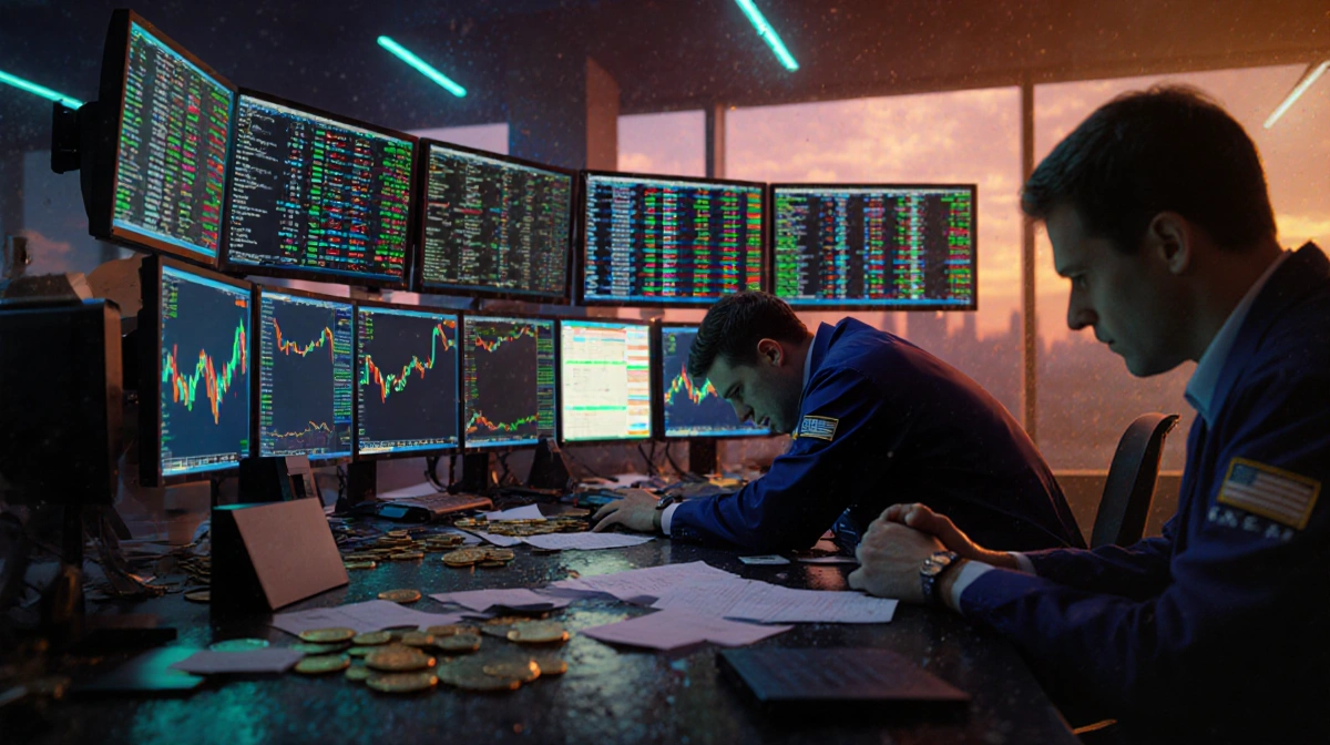Trader hunches over desk with glowing crypto charts on screens and scattered coins under neon lights