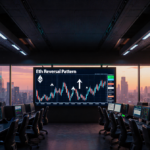 LED screen showing ETH reversal pattern with animated arrows and rising charts in a dimly-lit trading floor