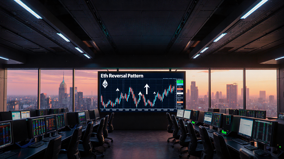 LED screen showing ETH reversal pattern with animated arrows and rising charts in a dimly-lit trading floor