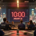 Traders watching countdown timer showing January 20 with worried faces and scattered papers around screens