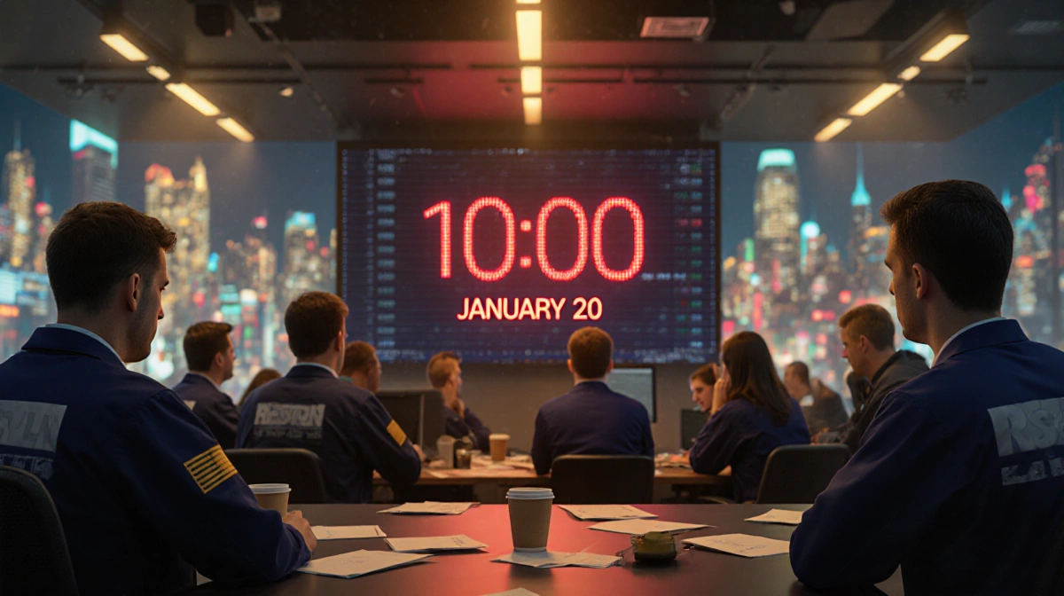 Traders watching countdown timer showing January 20 with worried faces and scattered papers around screens
