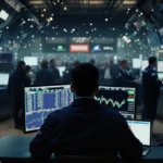 Trader sits alone watching volatile crypto chart with chaotic trading floor behind and flickering screens casting shadows