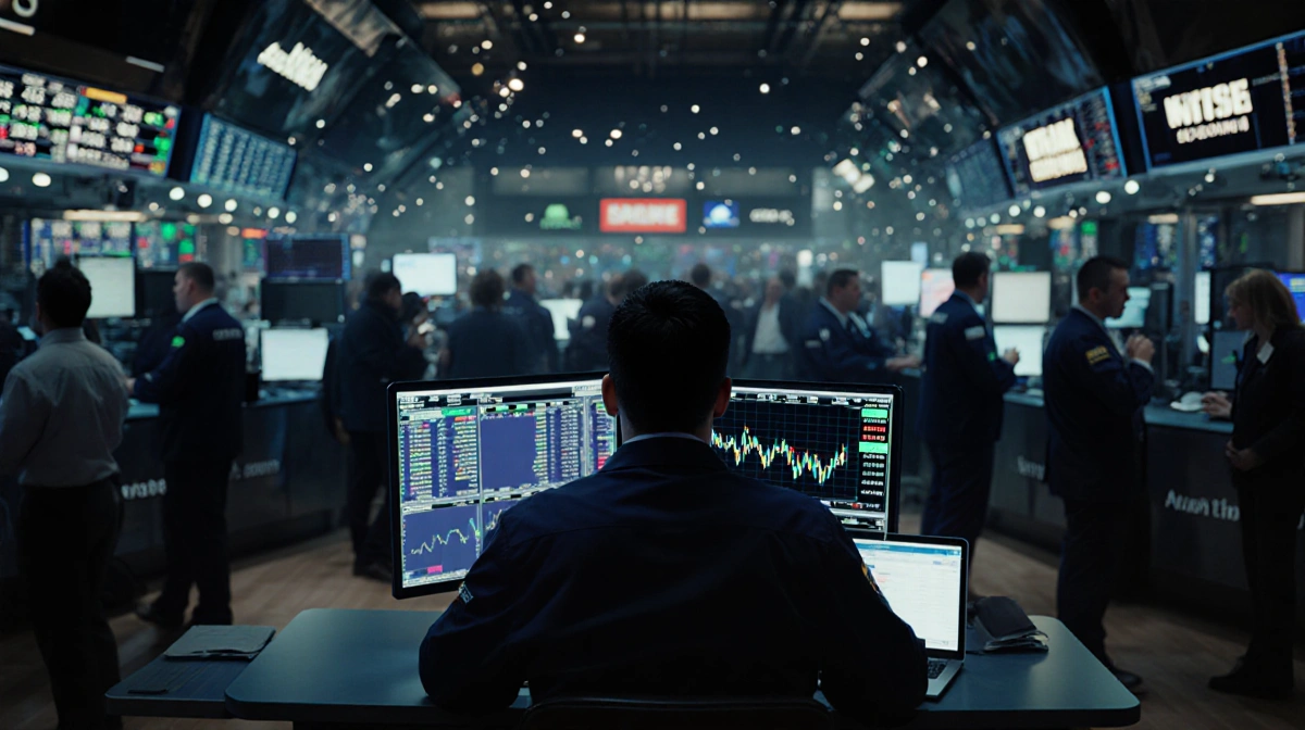 Trader sits alone watching volatile crypto chart with chaotic trading floor behind and flickering screens casting shadows