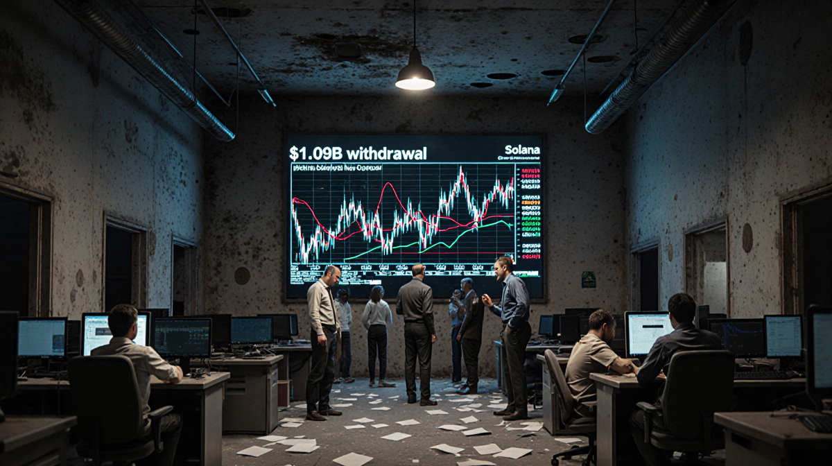 Investors panicking over chaotic Bitcoin decline with Solana rise on abandoned trading floor